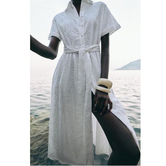 green emerald velvet dress Navy & White Eyelet Midi Dress – Belted Embroidered Dress main image 1